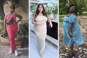 Three pregnant women posing in different outdoor settings, wearing casual maternity dresses