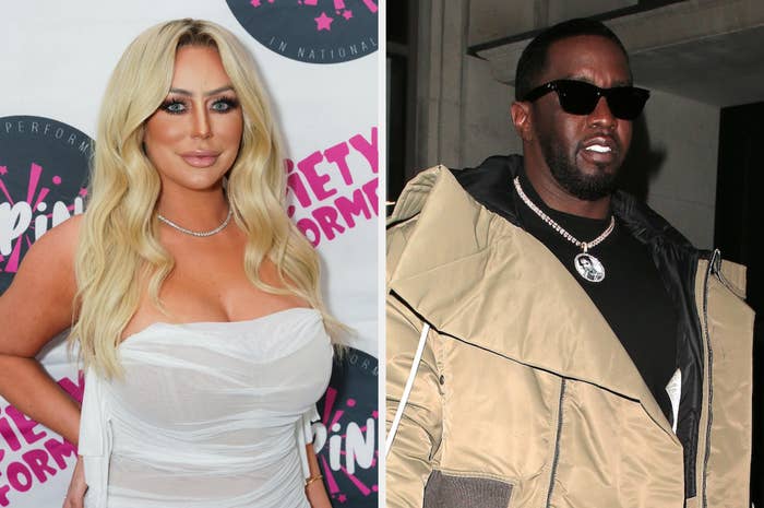 Aubrey O&#x27;Day poses in a white dress while Sean Combs wears a puffy jacket and shades