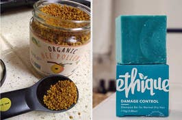 Jar of organic bee pollen next to a measuring spoon; Ethique Damage Control shampoo bar on a counter