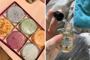 A palette with various used makeup pans; a person applying cuticle oil from a small bottle