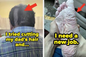 Person with uneven haircut; wrinkled hand, implying water exposure. Text: Failed haircut attempt, desire for job change