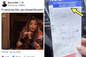 Split image: Left side shows woman with hands clasped. Right side has note on a parking ticket saying, "Sike!! LOL Have a good day pretty - HMU if you single."