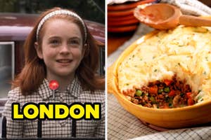 Annie from Parent trap and a dish of shepherd's pie with "LONDON" text overlay