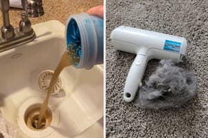 Person pours liquid cleaner into a sink; a lint remover device next to a pile of collected hair on the carpet