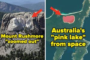 Side-by-side aerial views of Mount Rushmore and Australia's pink lake, called Lake Hillier
