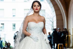Selena Gomez wearing a wedding dress and veil