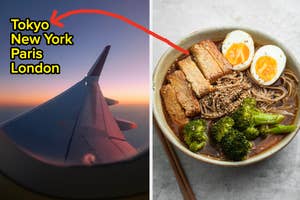 Left: Airplane wing at sunrise with destinations. Right: Bowl of noodles with tofu, egg, and broccoli