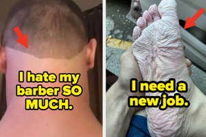 Two side-by-side photos: Left shows a man's poorly cut hair; right, a person's wrinkled hand after water exposure