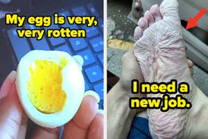 Side-by-side photos: Left shows a bad egg on a keyboard. Right shows a hand after a long bath. Text jokes about job seeking