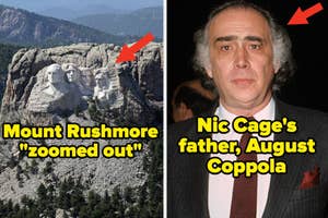 Split image; left: distant view of Mount Rushmore, right: man with suit and pocket square identified as Nic Cage's father