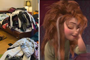 Messy bedroom with clothes piled on a bed and floor, next to a smiling animated character Elsa from Frozen