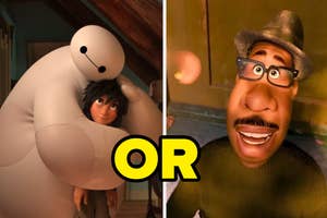 Hiro Hamada embraced by Baymax on left, or Joe Gardner smiling on right, from animated movies