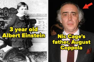 Split image: Left shows a vintage photo of a young Albert Einstein, right is August Coppola, not Nic Cage's father
