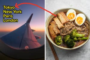 Left: Airplane wing at sunrise with destinations. Right: Bowl of noodles with tofu, egg, and broccoli