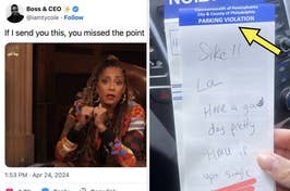 Split image: Left side shows woman with hands clasped. Right side has note on a parking ticket saying, "Sike!! LOL Have a good day pretty - HMU if you single."