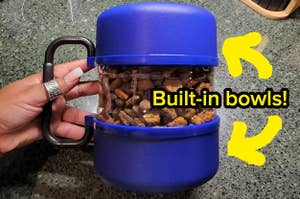 Hand holding a portable blue pet food container with built-in bowls, highlighted by yellow arrows. Text: Built-in bowls!
