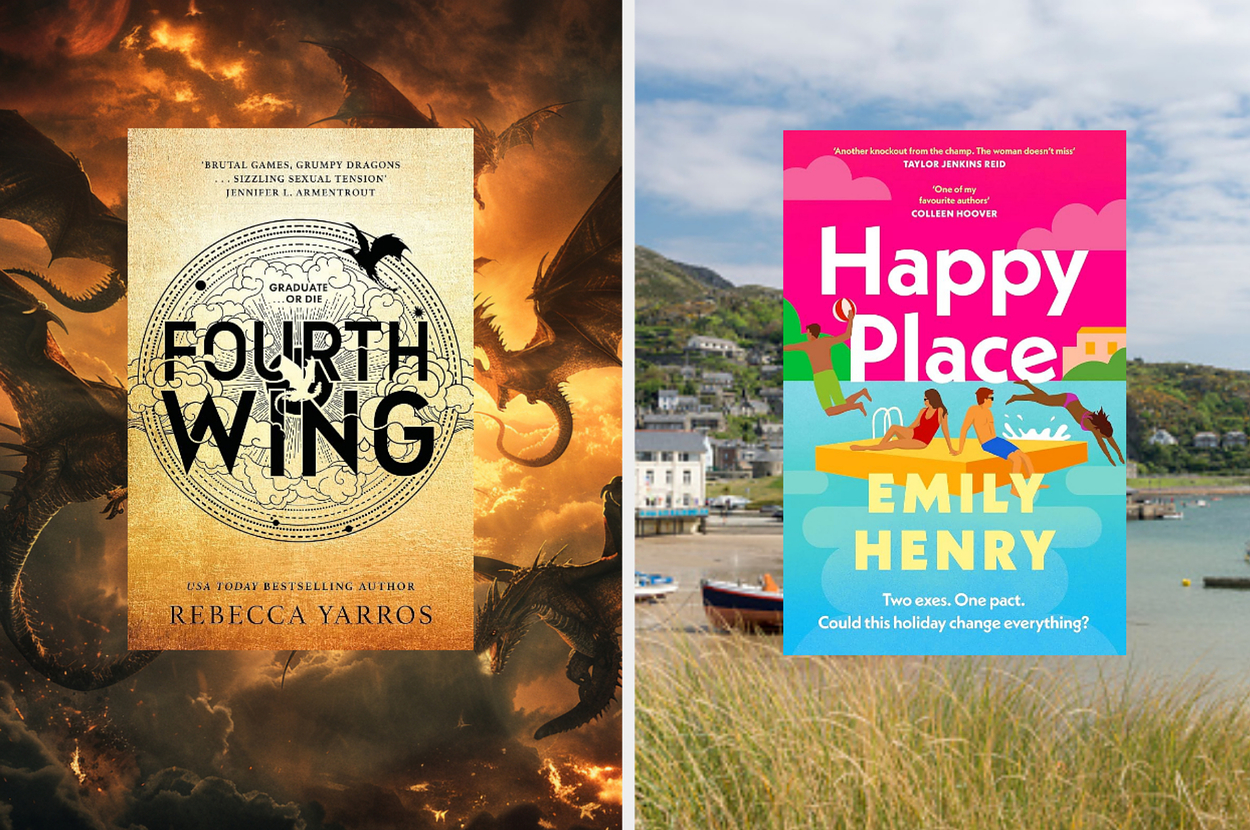 Two book covers side by side, "Fourth Wing" by Rebecca Yarros on the left, and "Happy Place" by Emily Henry on the right