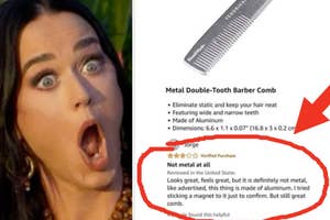 Person with surprised expression looking at a metal comb with a negative review highlighted