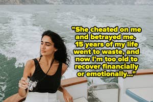 Woman on boat holding a champagne glass, with a quote about betrayal and lost time