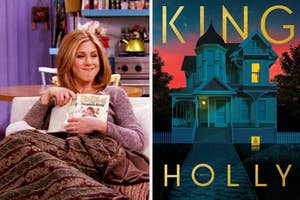 The image shows a split screen: on the left, a woman sits on a couch holding a book; on the right, a graphic book cover with a house and the title "King Holly."