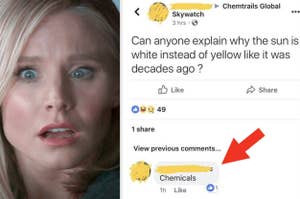 Meme of a woman looking confused with a Facebook post questioning why the sun looks white, and a reply saying "Chemicals."