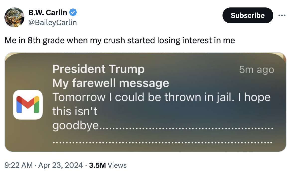 A tweet by B.W. Carlin with a humorous meme showing a fake farewell message saying &quot;I hope this isn&#x27;t goodbye&quot; as if from President Trump