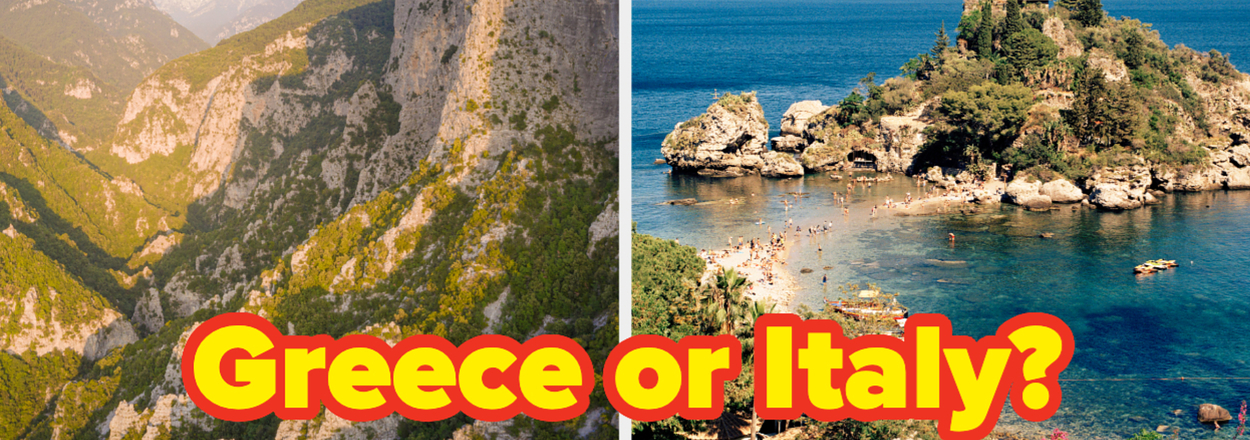 Split image: left shows a mountainous landscape, right a coastal ruin. Text asks, "Greece or Italy?"