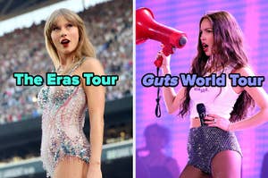 On the left, Taylor Swift on stage at the Eras Tour, and on the right, Olivia on stage at the Guts World Tour