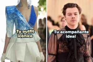 Montaje de dos fotos con texto: izquierda, vestido asimétrico; derecha, Harry Styles en elegante atuendo