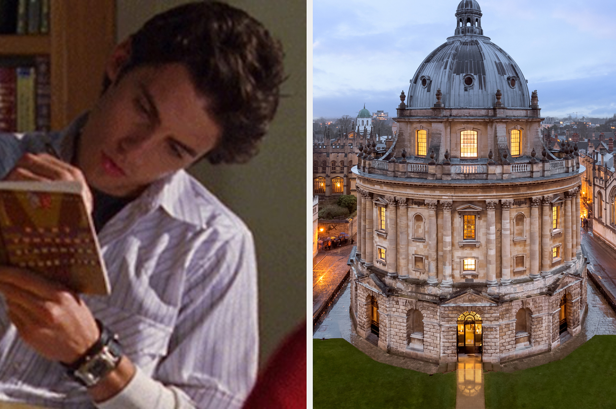 Man reading a book intently; night view of the illuminated Radcliffe Camera in Oxford