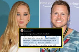jennifer lawrence and spencer pratt captioned with tweet from spencer saying he's never seeing another jlaw movie