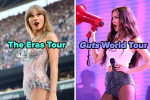 On the left, Taylor Swift on stage at the Eras Tour, and on the right, Olivia on stage at the Guts World Tour
