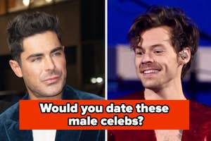 Two male celebrities smiling, one in a suit, the other in a sparkly shirt. Text: "Would you date these male celebs?"