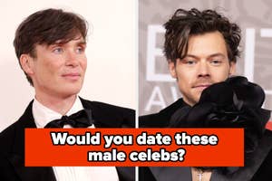 Two male celebrities in formal attire with a text overlay asking if viewers would date them