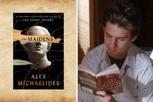 A man reads "The Maidens" by Alex Michaelides, focus on the cover with a statuette and title