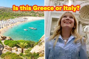 Split image; left shows a beach with umbrellas and boats, right shows a smiling woman in a denim jacket. Text: Is this Greece or Italy?