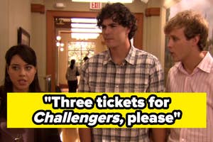 Three young adults at a counter, one requests "Three tickets for Challengers, please" from a TV show
