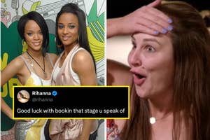 rihanna tweet reading "good luck with bookin that stage u speak of" with photo of her with ciara