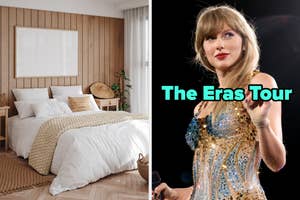 On the left, a minimalist bedroom with a neatly made bed, and on the right, Taylor Swift on stage labeled the Eras Tour