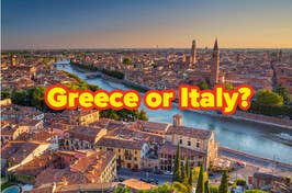 Aerial view of a historic city by a river with the text "Greece or Italy?" overlaying the image