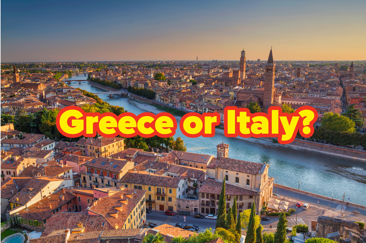 Aerial view of a historic city by a river with the text "Greece or Italy?" overlaying the image