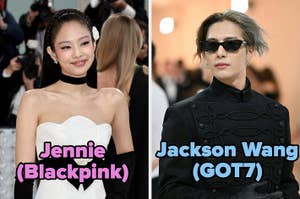 Jennie de Blackpink con vestido escote corazón y Jackson Wang de GOT7 con abrigo de botonadura doble