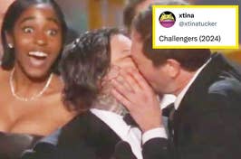 Ayo Edebiri reacting to Matty Matheson and Ebon Moss-Bachrach kissing with the caption "Challengers (2024)"