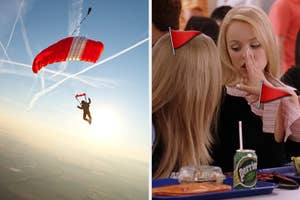 On the left, someone skydiving with a deployed parachute, and on the right, Regina George whispering to Karen at the lunch table with red flag emojis placed around them