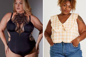 Two models in plus-size fashion wear: one in a black bodysuit with lace detail, the other in a sleeveless gingham top with ruffle trim