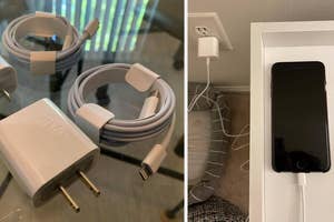 Two phones charging from wall outlets using long cords, one laid on a wood floor, the other on a pillow