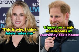 Rebel Wilson in a smart outfit beside quote; Prince Harry in a jacket next to his quote