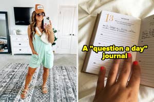 a reviewer in a light blue romper / reviewer showing a page from a "question a day" journal