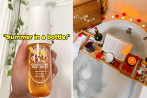 reviewer holding a bottle of body spray and quote "summer in a bottle" / a wooden bathtub caddy