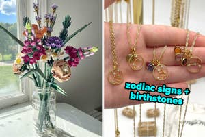 a lego bouquet set / gold necklaces with various zodiac signs and birthstones on them